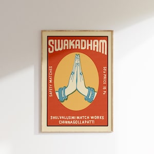 Retro Indian Matchbox Poster • Namaste • Vintage Matchbox Poster, Colorful Art Poster, Vintage India Art, Maximalist Wall Art, Matchbox art