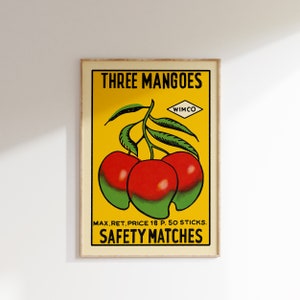 Póster retro de caja de cerillas de la India • Mangos, póster vintage de caja de cerillas, póster de arte colorido, arte vintage de la India, arte mural maximalista, arte de caja de cerillas