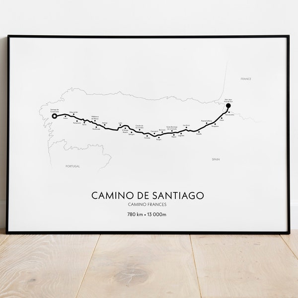 Camino de Santiago Poster, Camino de Santiago map, Hiking Print, minimalist wall art, Hiking Map, Hiking Gifts, Hiking Poster, Trail Poster