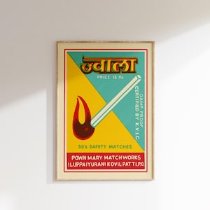 Retro Indian Matchbox Poster • Fire • Vintage Matchbox Poster, Colorful Art Poster, Vintage India Art, Maximalist Wall Art, Matchbox art