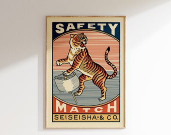 Retro Tiger Matchbox Poster • Vintage India Art Print • Sizes 8x12" - 20x28″