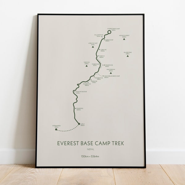 Poster du trek du camp de base de l'Everest, impression de randonnée, carte de randonnée, cadeaux carte de randonnée, cadeaux randonnée, art mural montagne, art mural carte, poster sentier