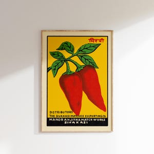 Retro Indian Matchbox Poster • Chilies • Vintage Matchbox Poster, Colorful Art Poster, Vintage India Art, Maximalist Wall Art, Matchbox art