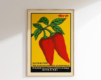 Retro Red & Yellow Chilies Matchbox Poster • Vintage India Art Print • Sizes 8x12" - 20x28″