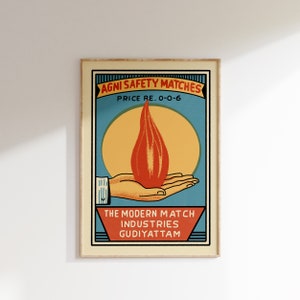 Retro Indian Matchbox Poster • Agni • Vintage Matchbox Poster, Colorful Art Poster, Vintage India Art, Maximalist Wall Art, Matchbox art