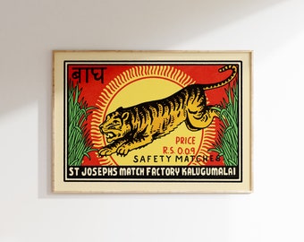 Retro Red & Yellow Tiger Matchbox Poster • Vintage India Art Print • Sizes 8x12" - 20x28″