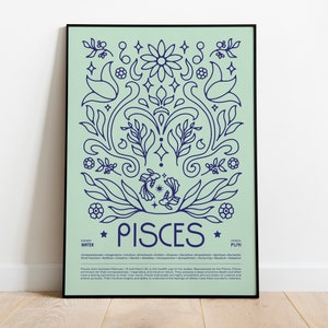 May include: A light green poster with a blue floral design and the word "PISCES" in the center. The poster also includes the text "Winter" and "Pisces" with a star symbol on either side of the word "PISCES".