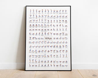 Yoga Poster • Blue Outfit • 156 Classic Yoga Poses Wall Art • Sizes 16x20" - 28x39″