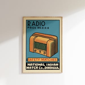 Retro Indian Matchbox Poster • Radio • Vintage Matchbox Poster, Colorful Art Poster, Vintage India Art, Maximalist Wall Art, Matchbox art