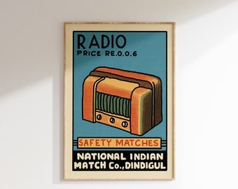 Retro Radio Matchbox Poster • Vintage India Art Print • Sizes 8x12" - 20x28″