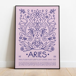 Aries Poster, Horoscope Print, Astrology Wall Art, Tarot, Zodiac Poster, Birthday Present, Aries gifts, Zodiac sign gifts, Art Nouveau