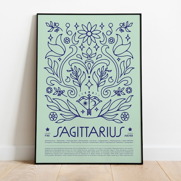 Cartel de Sagitario, Impresión del horóscopo, Arte de la pared de astrología, Tarot, Cartel del Zodíaco, Regalo de cumpleaños, Regalos de Sagitario, Regalos del signo del Zodíaco