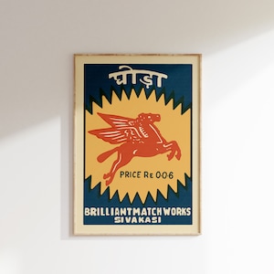 Retro Indian Matchbox Poster • Pegasus • Vintage Matchbox Poster, Colorful Art Poster, Vintage India Art, Maximalist Wall Art, Matchbox art