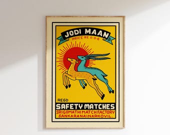 Retro Two Deers Matchbox Poster • Vintage India Art Print • Sizes 8x12" - 20x28″