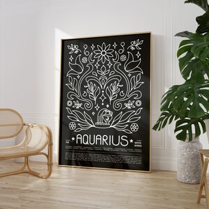 May include: Black and white illustration of the zodiac sign Aquarius with a floral design. The text "Aquarius" is in white with stars on either side. The text below describes the sign's characteristics, including "Humanitarian, Independent, Intellectual, Original, Unconventional, Friendly, Visionary, Curious, Rebellious, Sociable, Bizarre, Unique, Progressive, Forward Thinking".
