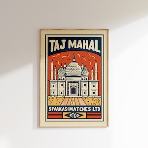 Retro Indian Matchbox Poster • Taj Mahal, Vintage Matchbox Poster, Colorful Art Poster, Vintage India Art, Maximalist Wall Art, Matchbox art