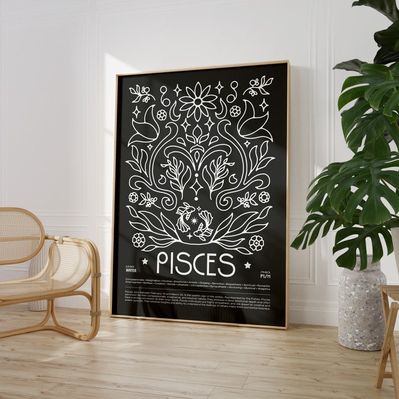 May include: Black and white poster with a floral design and the zodiac sign Pisces. The poster includes the text "Pisces" and a description of the zodiac sign's traits.