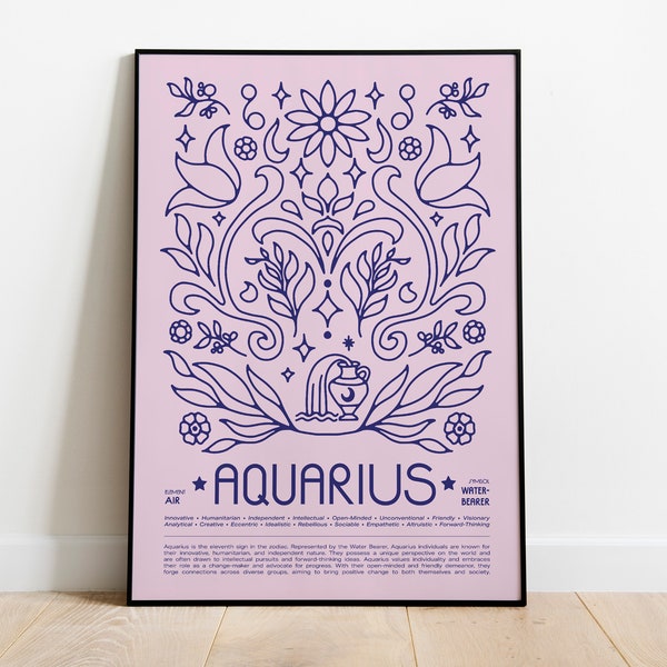 Aquarius Poster, Horoscope Print, Astrology Wall Art, Tarot, Zodiac Poster, Birthday Present, Aquarius gifts, Zodiac sign gifts, Art Nouveau