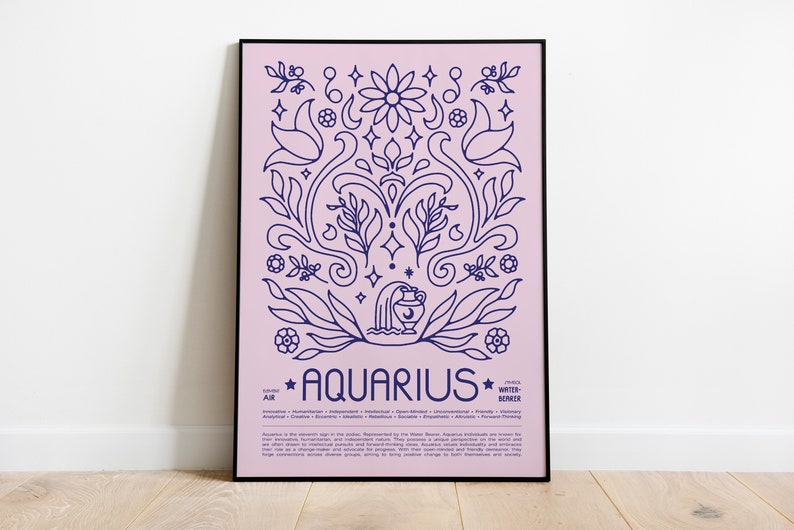 May include: A pink and blue illustrated poster with a floral design and the text "AQUARIUS" in the center. The poster also includes the zodiac sign for Aquarius, a water bearer, and a description of the astrological sign.