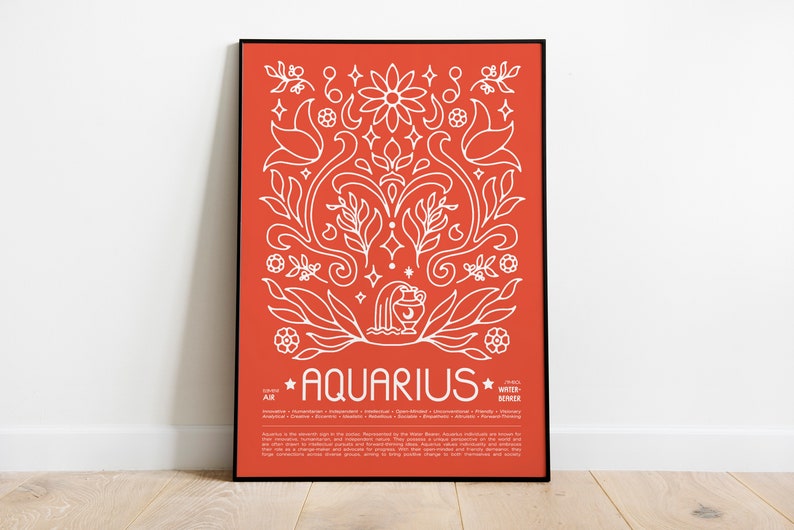 May include: A red poster with a white outline of a floral design and the text "AQUARIUS" in white. The poster also includes the zodiac sign's element, modality, and season.