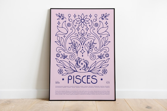 Pisces Zodiac Poster • Art Nouveau Horoscope Print • Sizes 8x12" - 28x39"