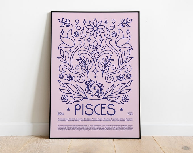 Pisces Zodiac Poster • Art Nouveau Horoscope Print • Sizes 8x12" - 28x39"