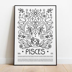 May include: Black and white line art print of the Pisces zodiac sign with a floral design. The print includes the text "Pisces" and a description of the Pisces personality traits.