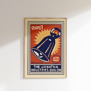 Retro Indian Matchbox Poster • Bell • Vintage Matchbox Poster, Colorful Art Poster, Vintage India Art, Maximalist Wall Art, Matchbox art