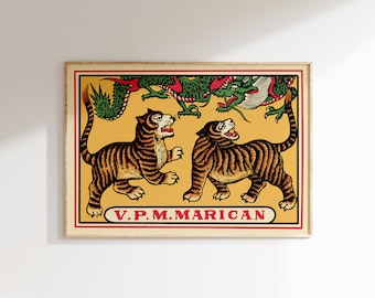 Retro Japanese Matchbox Art Print • Tiger & Dragon • Mid-Century Modern Wall Decor