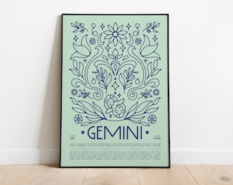 May include: A green and blue illustrated poster with a floral design and the text "GEMINI" in the center. The poster also includes the text "AIR" and "TWIN" and a description of the Gemini zodiac sign.
