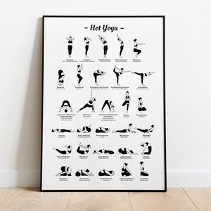 May include: Black and white poster with the title "Hot Yoga" and illustrations of different yoga poses with their names.