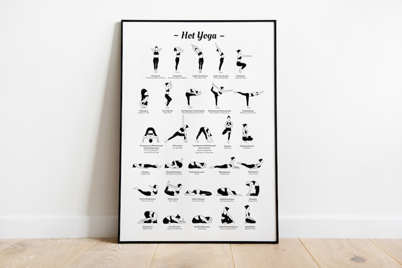 May include: Black and white poster with the title "Hot Yoga" and illustrations of different yoga poses with their names.