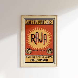 Retro Indian Matchbox Poster • Raja • Vintage Matchbox Poster, Colorful Art Poster, Vintage India Art, Maximalist Wall Art, Matchbox art