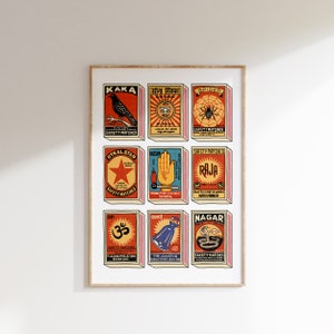 Póster retro de cajas de cerillas indias • Póster vintage de caja de cerillas, póster de arte colorido, arte vintage de la India, arte mural maximalista, arte de caja de cerillas