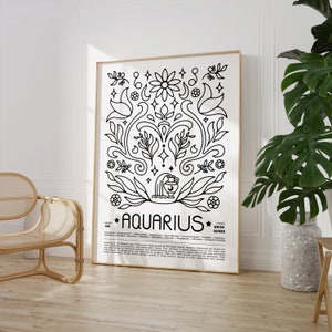 May include: Black and white illustration of an Aquarius zodiac sign with a floral design. The text "Aquarius" is written in bold letters below the illustration. The text below the sign describes the traits of an Aquarius.