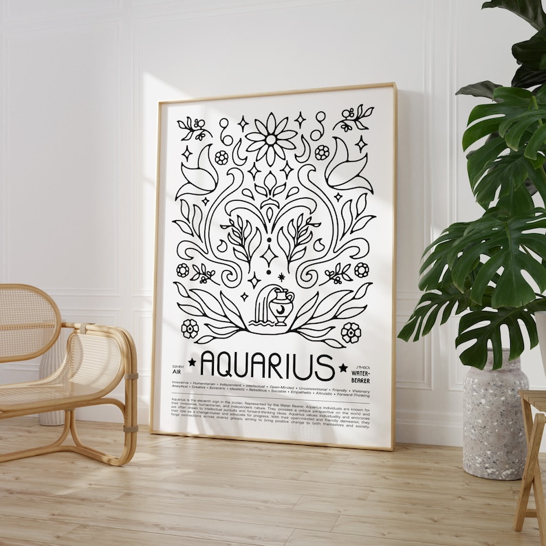 May include: Black and white illustration of an Aquarius zodiac sign with a floral design. The text "Aquarius" is written in bold letters below the illustration. The text below the sign describes the traits of an Aquarius.