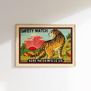 Retro Japanese Matchbox Poster • Tiger • Vintage Matchbox Poster, Colorful Art Poster, Vintage Japanese Art, Matchbox art, Mid Century