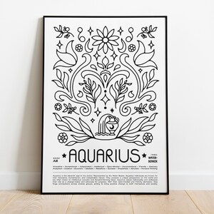 May include: Black and white line art print of an Aquarius zodiac sign with a floral design. The print includes the text "AQUARIUS" and a description of the zodiac sign.