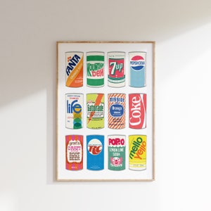 Póster de latas de refresco vintage • Impresiones de alimentos, póster vintage, impresión de arte vintage, impresión de cocina retro, arte de pared retro, impresión de lata de refresco retro