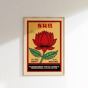 Retro Indian Matchbox Poster • Lotus 3 • Vintage Matchbox Poster, Colorful Art Poster, Vintage India Art, Maximalist Wall Art, Matchbox art