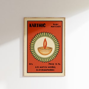 Retro Indian Matchbox Poster • Candle • Vintage Matchbox Poster, Colorful Art Poster, Vintage India Art, Maximalist Wall Art, Matchbox art