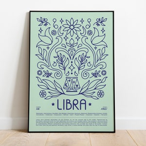 Plakat Libra, wydruk horoskopu • Astrologia ścienna, Tarot, plakat zodiakalny, prezent urodzinowy, prezenty Libra, prezenty dla znaku zodiaku, Art Nouveau