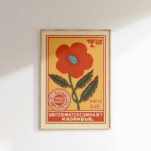 Retro Indian Matchbox Poster • Flower • Vintage Matchbox Poster, Colorful Art Poster, Vintage India Art, Maximalist Wall Art, Matchbox art