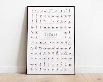 Hatha Yoga Art Print • 108 Classical Asanas including Surya Namaskar Sequence • Yoga Studio Decor