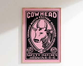 Retro Pink & Black Cowhead Matchbox Poster • Vintage India Art Print • Sizes 8x12" - 20x28″