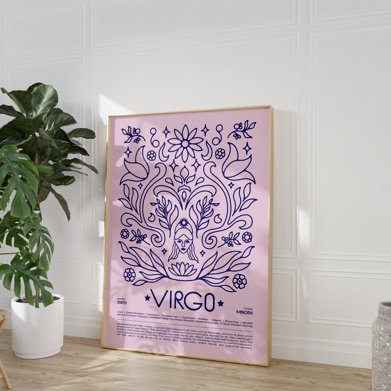 Może przedstawiać: R&oacute;żowo-niebieski plakat z kwiatowym wzorem i tekstem "VIRGO" w niebieskiej gwiazdce. Plakat zawiera r&oacute;wnież opis znaku zodiaku Panna.