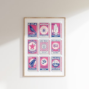 Retro Indian Matchboxes Poster • Vintage Matchbox Poster, Colorful Art Poster, Vintage India Art, Maximalist Wall Art, Matchbox art