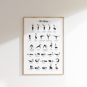 May include: Black and white illustration of 28 different yoga poses with the title "Hot Yoga" at the top. Each pose is labeled with its name.
