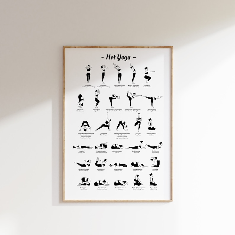 May include: Black and white illustration of 28 different yoga poses with the title "Hot Yoga" at the top. Each pose is labeled with its name.