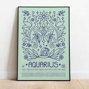 May include: A light blue and navy blue poster with a floral design and the text "AQUARIUS" in the center. The poster also includes the text "AIR" and "WATER BEARER" and a description of the zodiac sign Aquarius.
